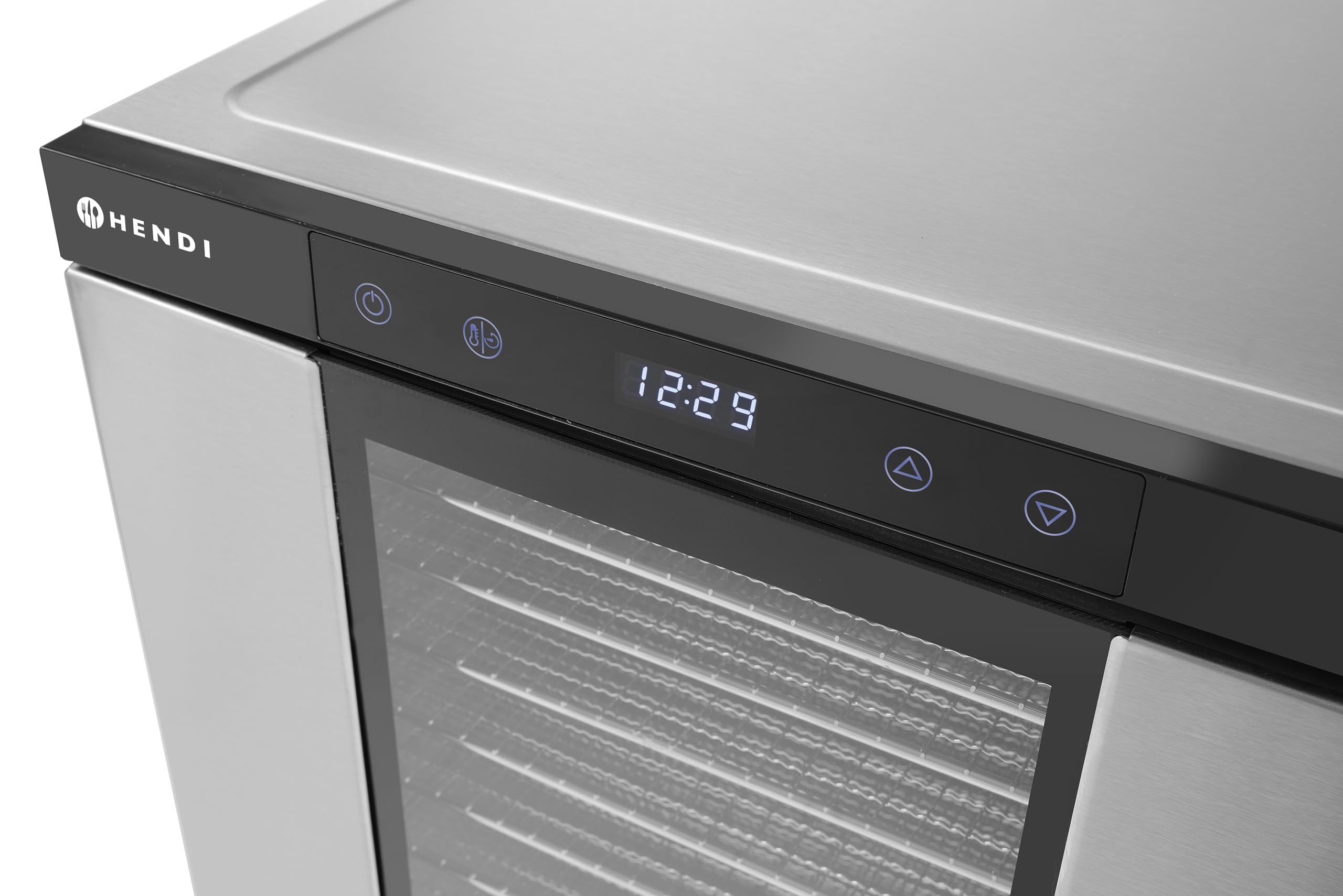 HENDI Essiccatore alimentare, con 10 griglie, per l’essiccazione di frutta, verdura e carne, timer, intervallo di temperatura da 35º a 75ºC, 230V/1000W, 430x535x(H)416mm, acciaio inossidabile