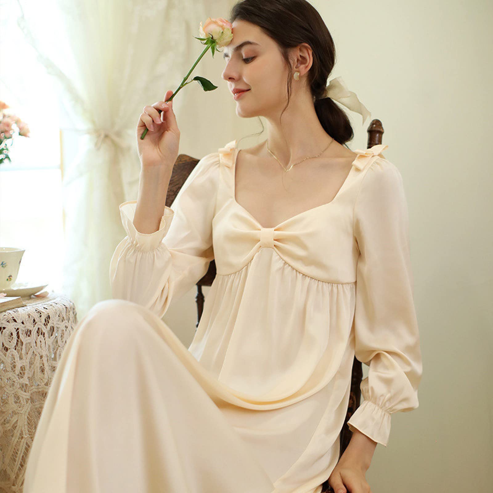 OFFSUM Camisón De Pijama De Mujer - Camisón De Seda Elegante con Cuello En V para Primavera Y Otoño Camisón Vintage De Princesa con Lazo Dulce Ropa De Salón De Talla Grande