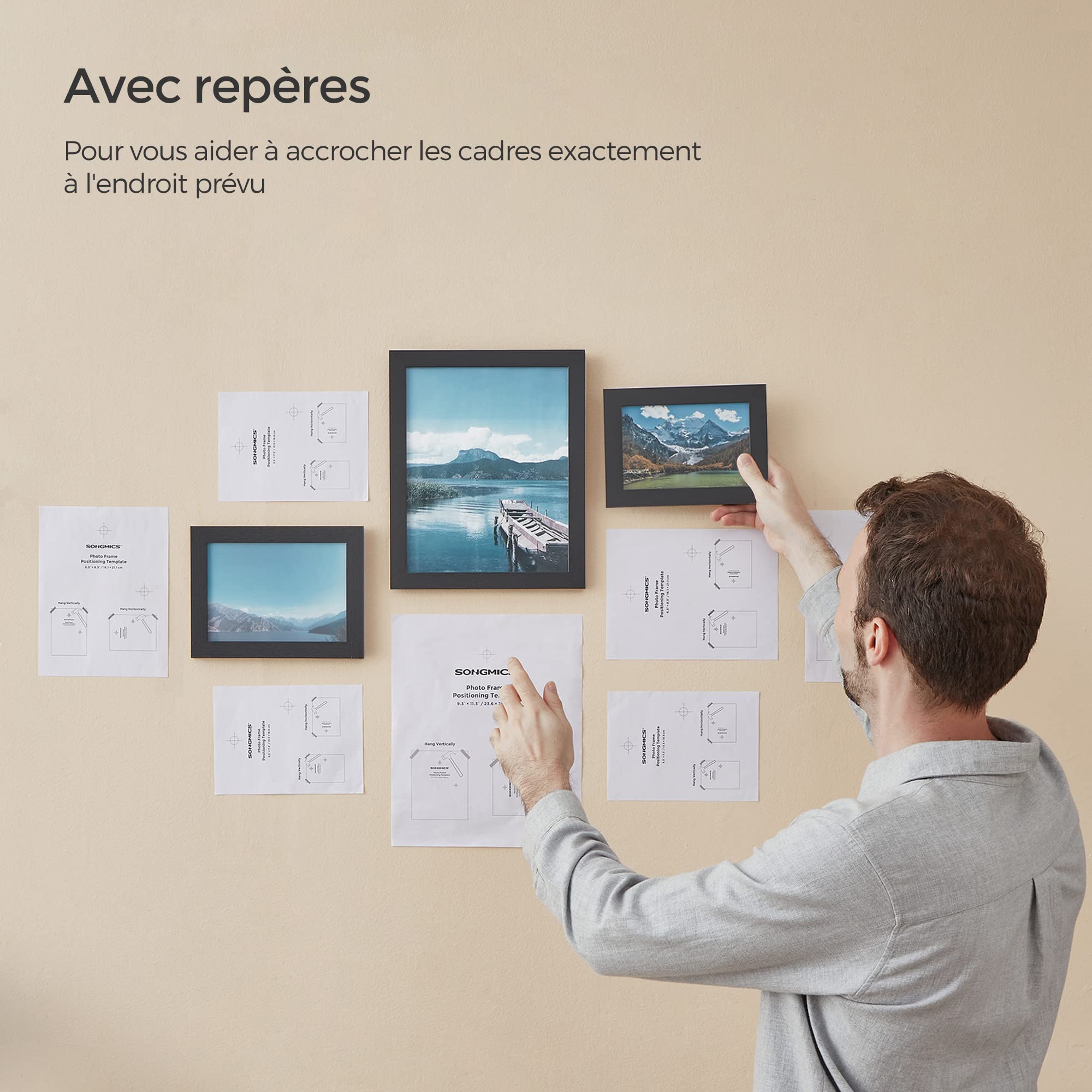 SONGMICS Cadres Photo, Lot de 10, Deux 20 x 25 cm, Quatre 13 x 18 cm, Quatre 10 x 15 cm, MDF, Protection en Plastique, MDF, Noir d'Encre RPF310H