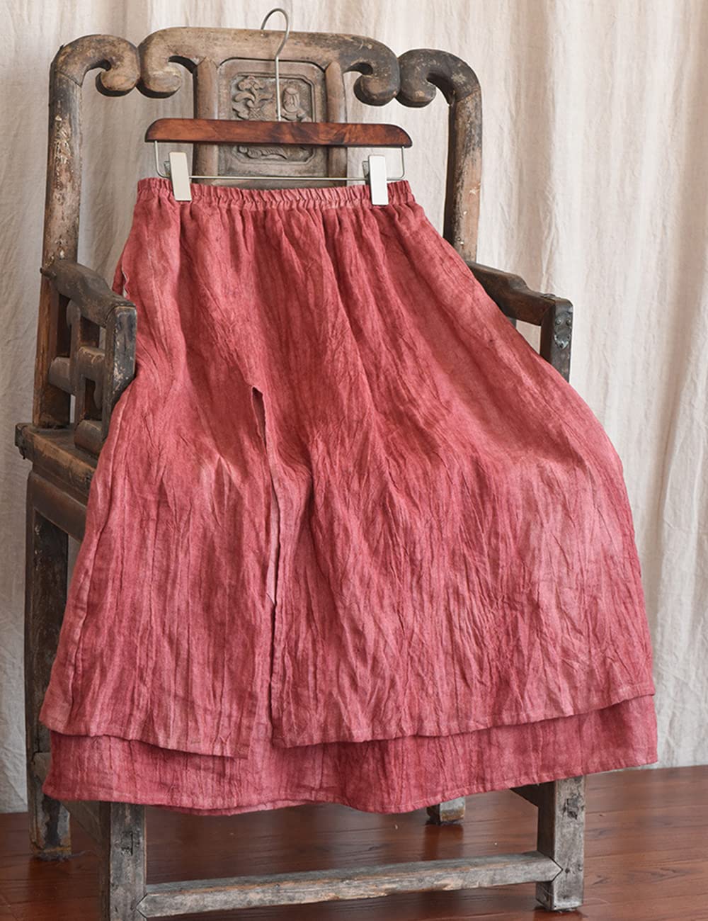 NFYM Damenrock aus Baumwollleinen, strukturiert, lässig, geschichtet, elastischer Bund, Schlitz, wadenmitte Rock mit Taschen, Dunkelrot, Einheitsgröße