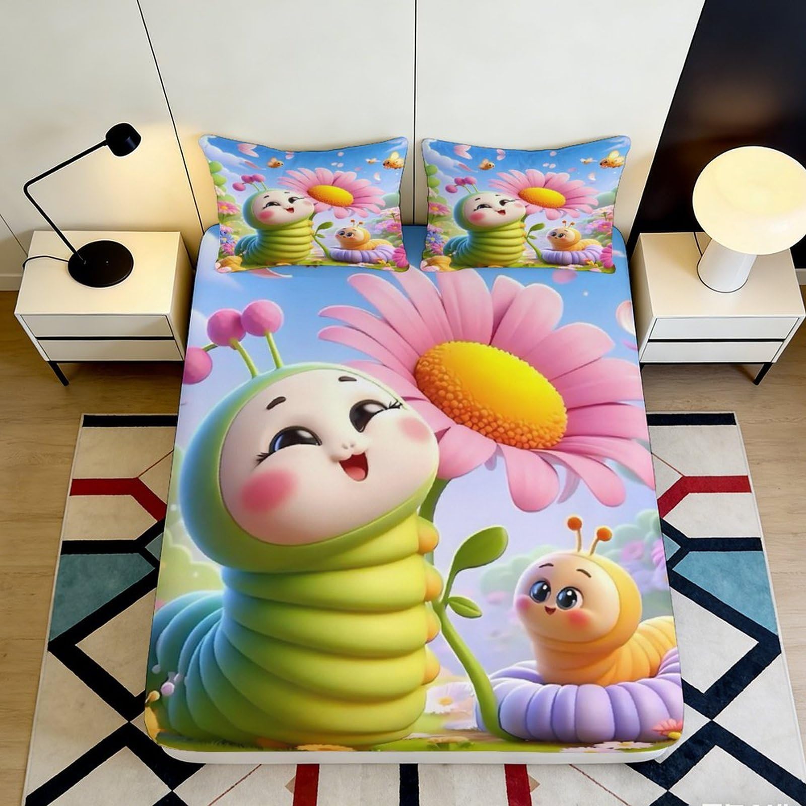 3D Printed Cute Cartoon Caterpillar Fitted Sheet Microfiber Soft Breathable Flower Bed Cover for Bedroom Dormitory Guest Room Mattress Protection Decor 90x200x25cm