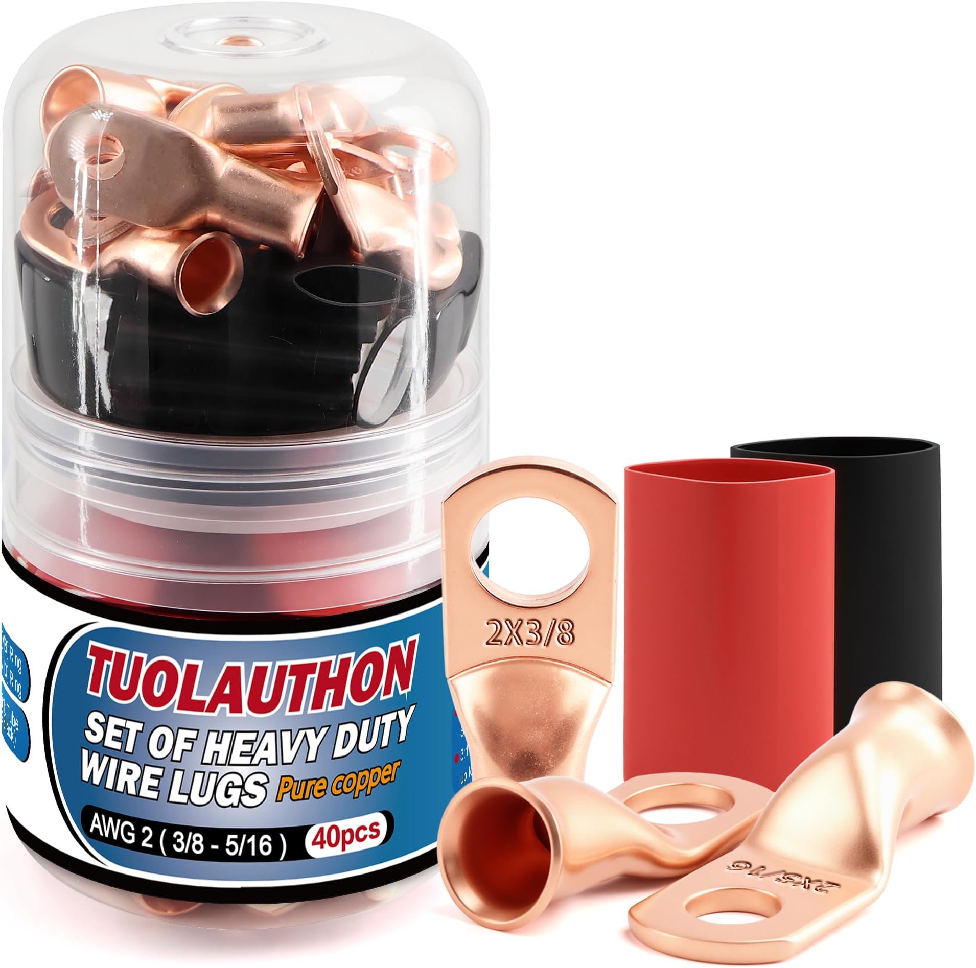 20 Pcs 2 AWG 5/16" & 3/8" Copper Battery Lugs Ring Terminals - w/ 20 Pcs 3:1 Adhesive Heat Shrink Tubing (Dual-Neck Bottle)