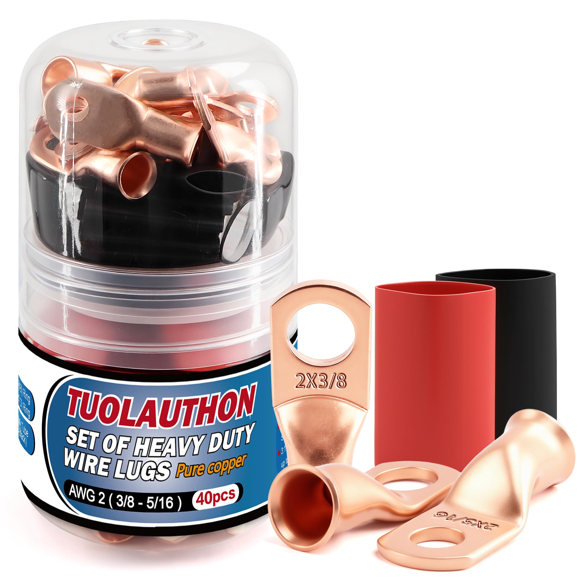 20 Pcs 2 AWG 5/16" & 3/8" Copper Battery Lugs Ring Terminals - w/ 20 Pcs 3:1 Adhesive Heat Shrink Tubing (Dual-Neck Bottle)