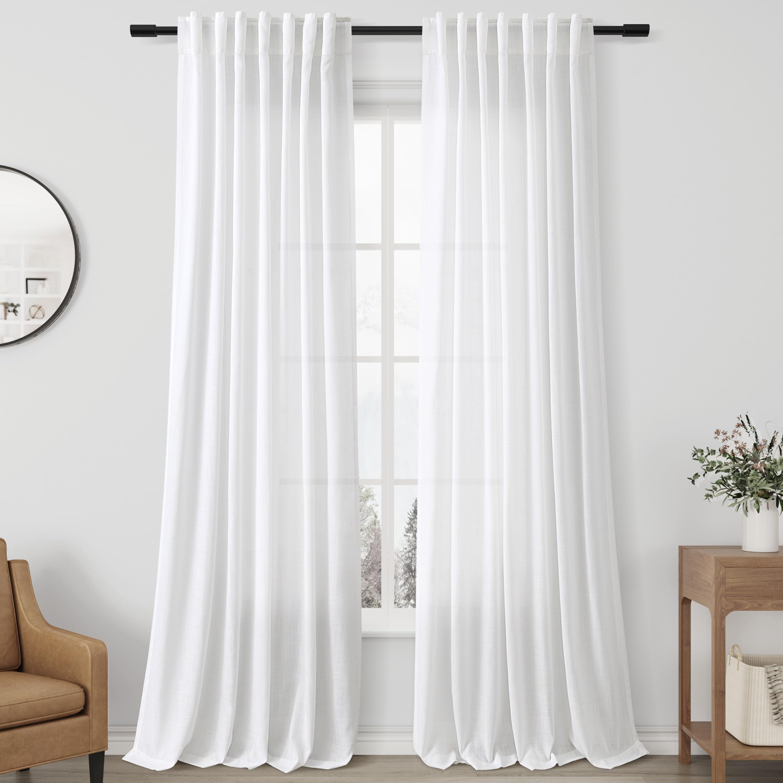 Aersas White Linen Textured Long Curtains for Living Room 108 Inch Length 2 Panel Set Back Tab Pocket French Country Semi Sheer Curtains Large Window