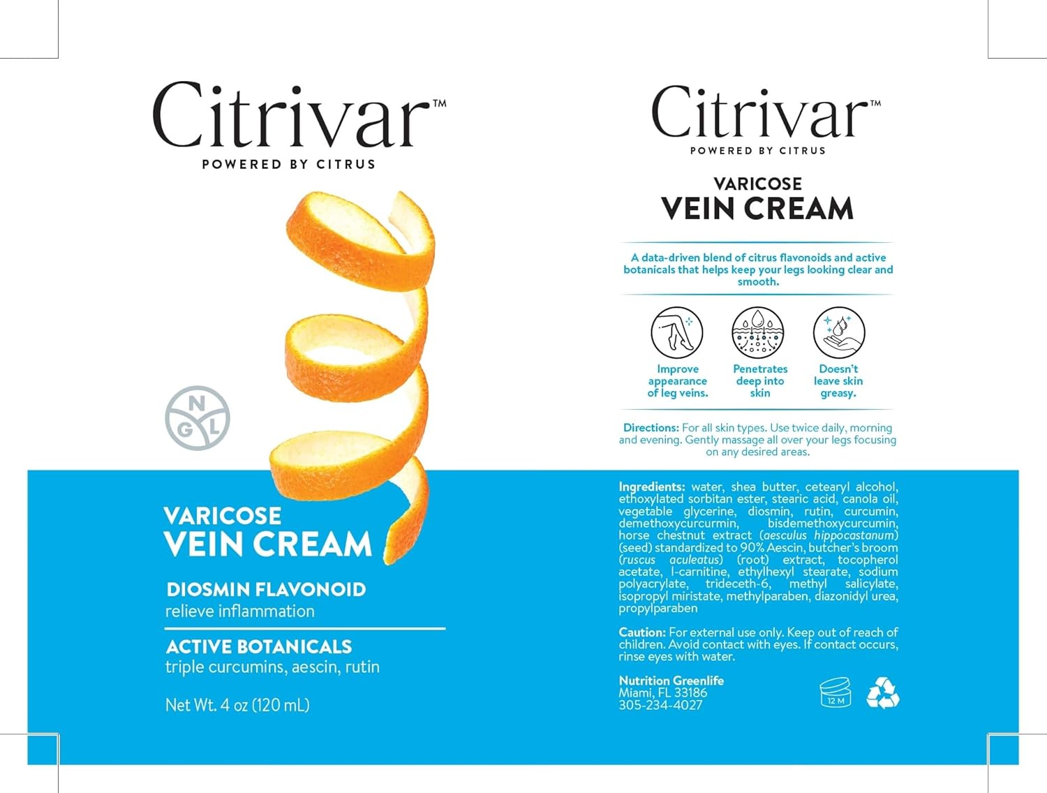 NGL Citrivar Leg Cream - Soothing Mint Tonifier with Diosmin, Butcher's Broom, Aescin, Rutin, Curcumin - 120 mL