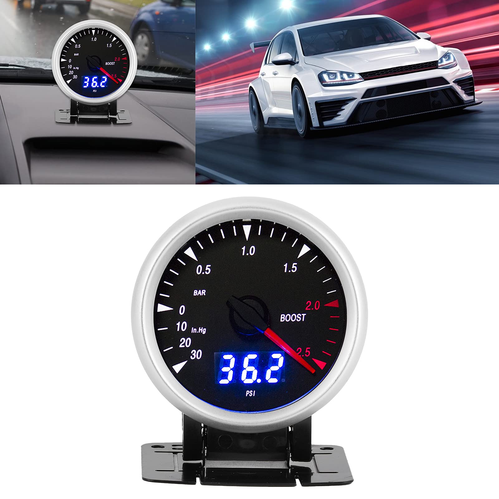 Pressione Turbo Auto 12V Misuratore Turbo Boost 60 mm/2,5 pollici 12 V manometro per aumento del turbo a LED universale - 30-202.5 Controllo indicatore LED a barre