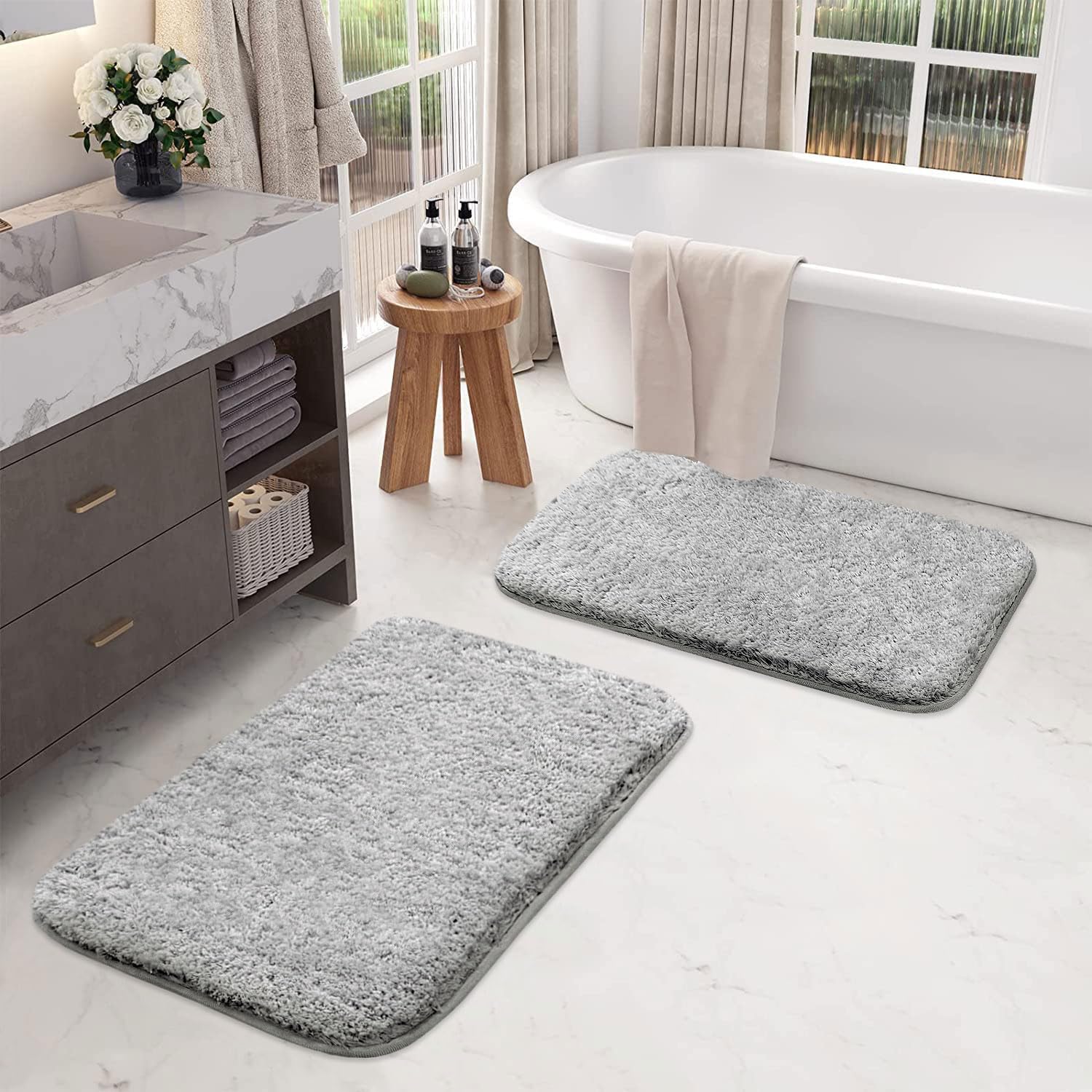 LUXE HOME INTERNATIONAL Microfiber Rectangular Home Bath Mat Super Soft Non Slip Vegas Mats for Bathroom, Kitchen, Bedroom, and Door (40X60 Cm, Silver) Pack of 2