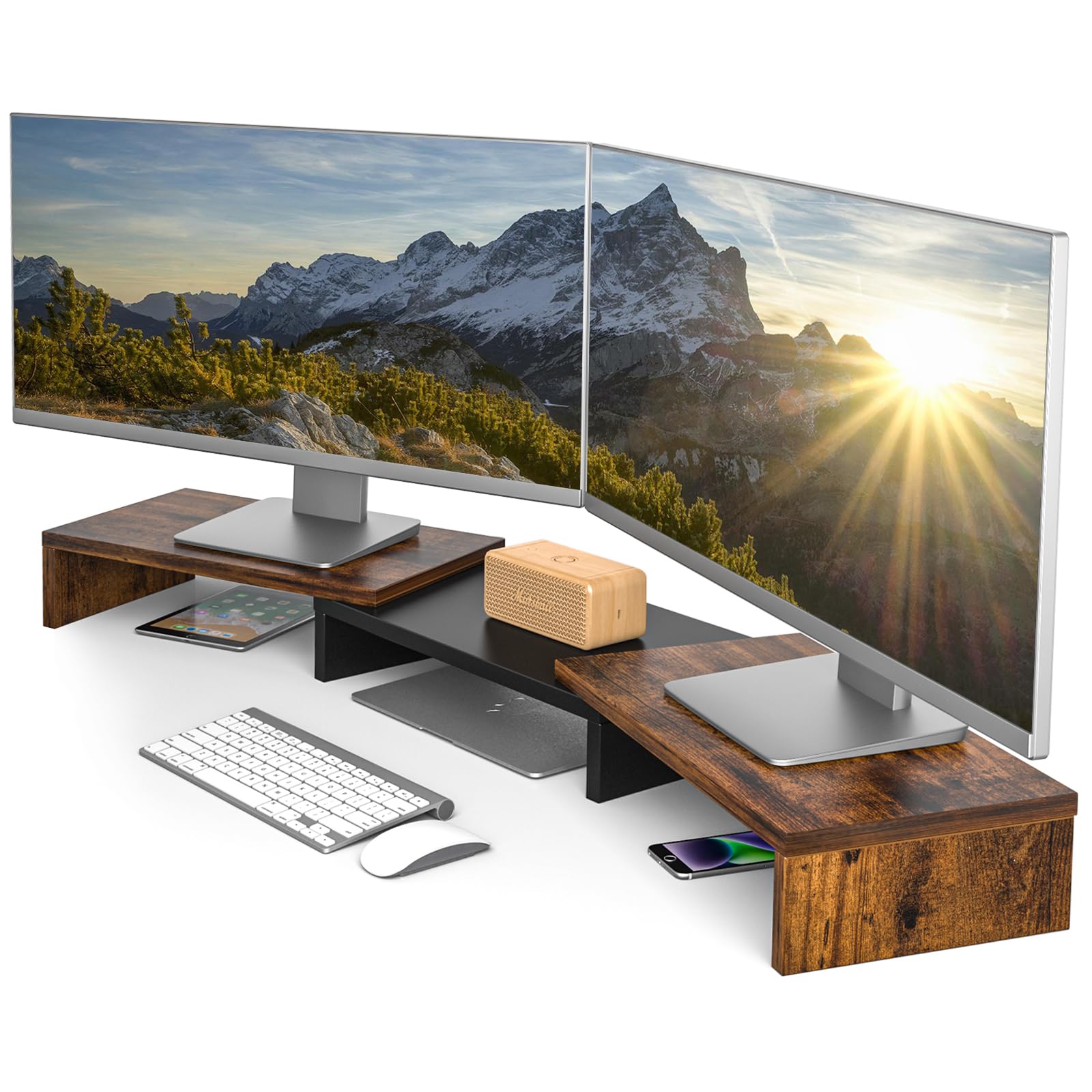 5Rcom Dual Monitor Stand Riser for Desk, Computer Monitor Stands for 2 Monitors with 48.2" Adjustable Length and Angle, Multifunctional Computer Stand for Desk Organizer for Laptop Desktop, Brown