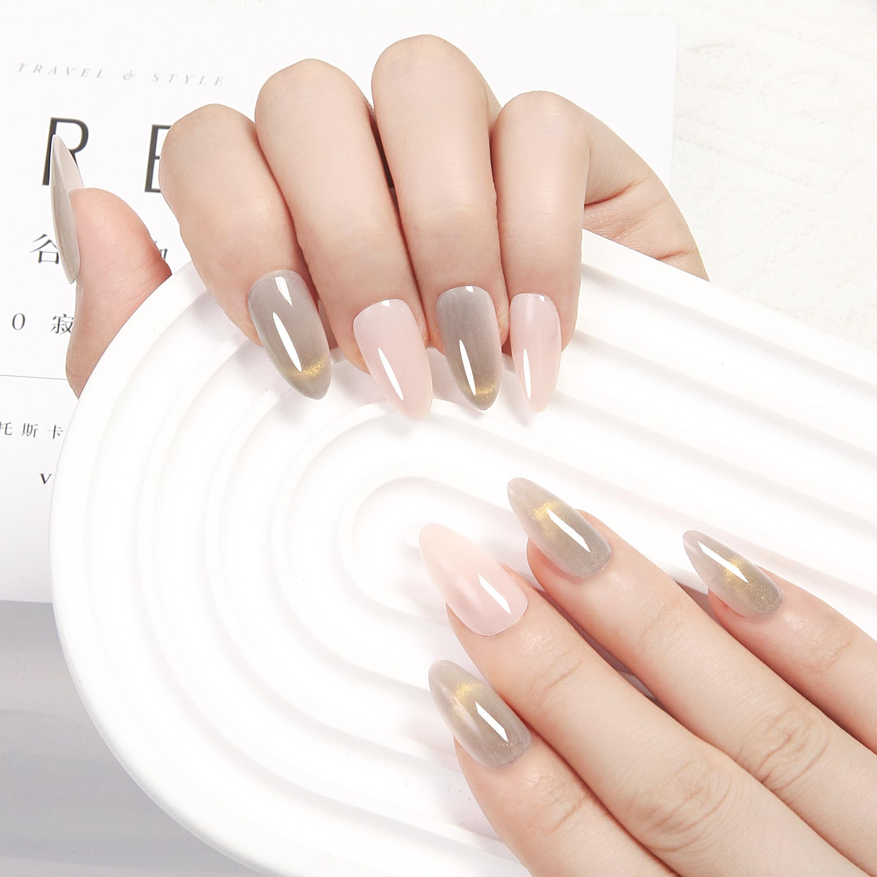 Withered Hnad Press On Nails - Semi-Transparent Glitter Short Almond False Nails, Reusable Stick On Fake Nails with Glue | Salon Quality - 24 Nails