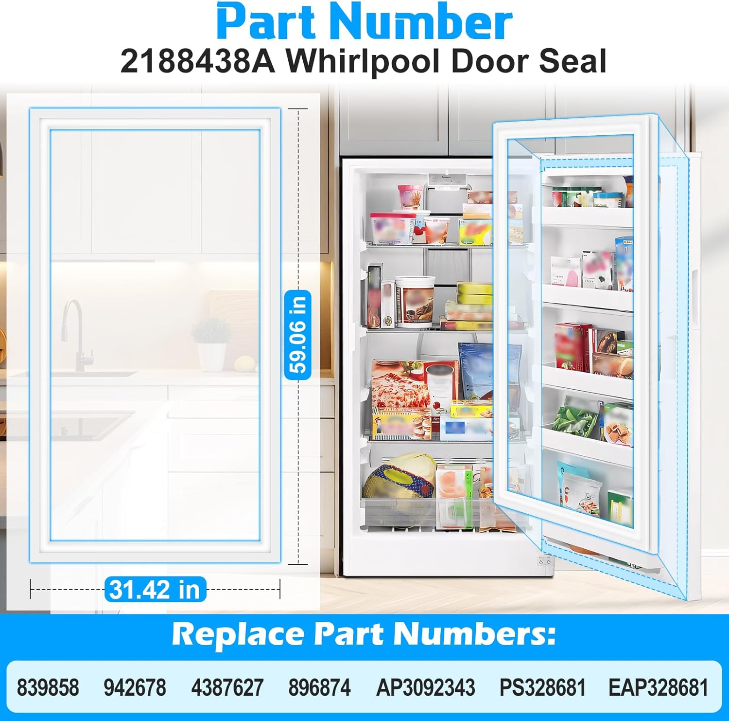 Upgraded 2188438A Freezer Door Seal Compatible with Whirlpool Refrigerator Door Gasket Replacement 839858 942678 4387627 Kenmore Upright Freezer Door Gasket Refrigerator Door Seal 59.06" x 31.42"