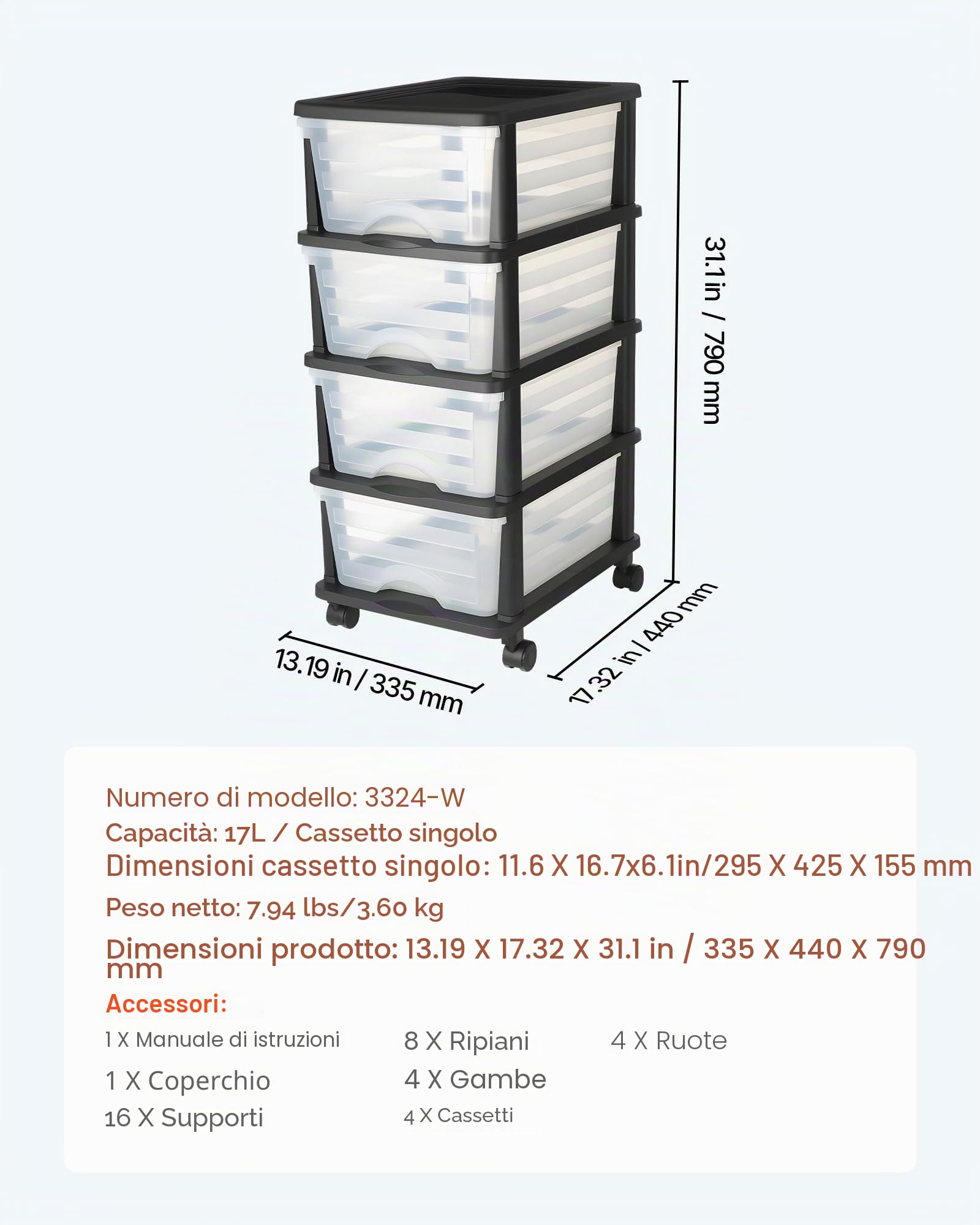 VEVOR Carrello Portaoggetti in Plastica con 4 Cassetti, Torre Portaoggetti su Ruote, Scatola Mobile a 4 Livelli, Contenitore Trasparente per Forniture di Ufficio, Aule, Laboratori Artigianali