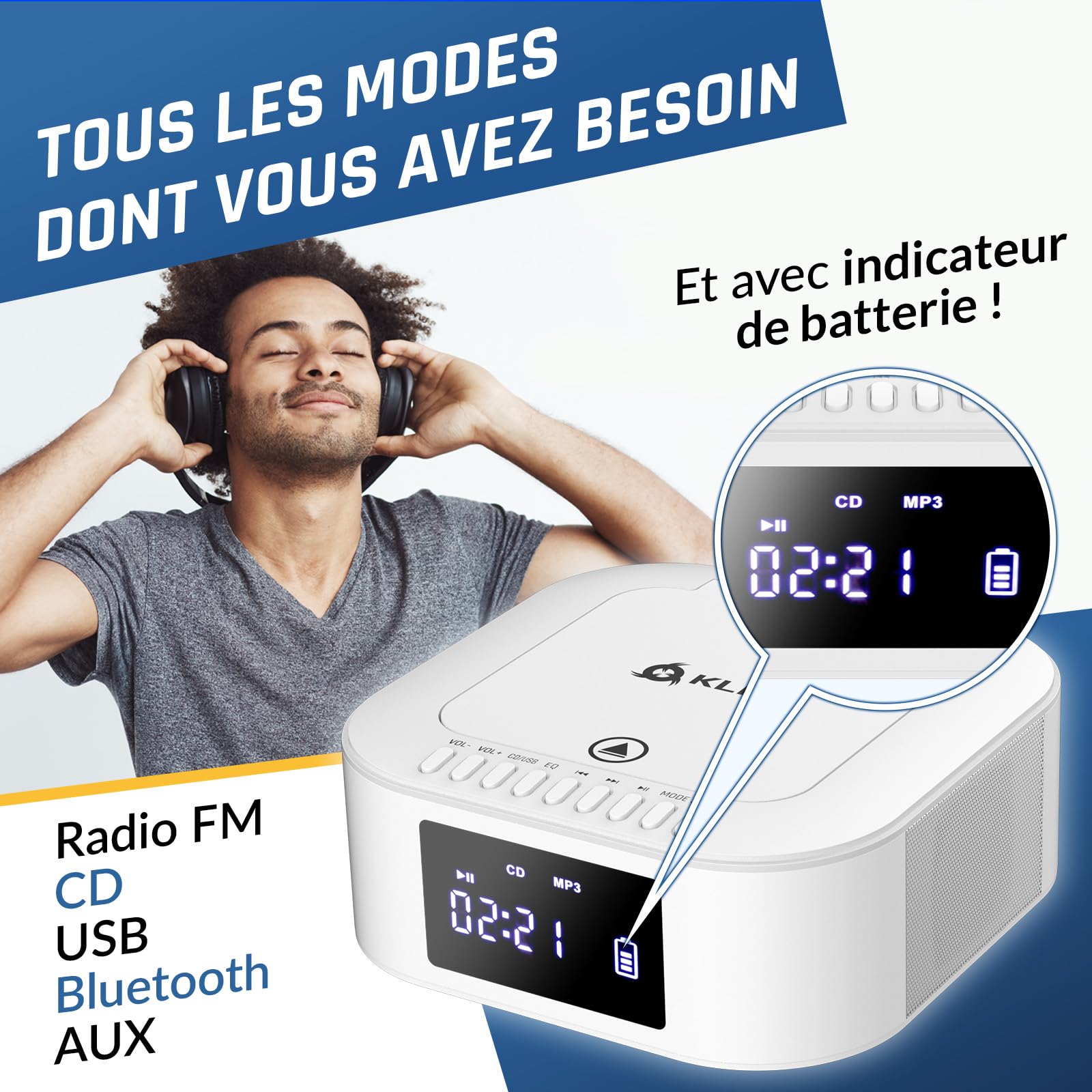 KLIM Boombox E1 - Poste Radio CD Portable - Extra Bass avec Subwoofer - Radio FM, CD, Bluetooth, USB, Bluetooth, MP3 - Mode Filaire et sans Fil avec Piles Rechargeables - Télécommande - Blanc