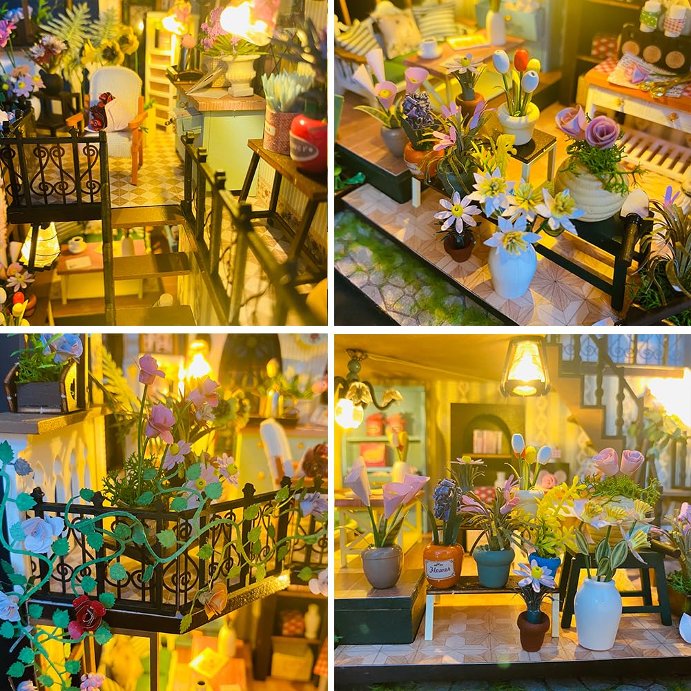 Kit casa delle bambole, serra, camera in miniatura fai da te con luce a LED, kit di costruzione in legno per adulti, casetta per fiori, regali per amici (senza copertura antipolvere)