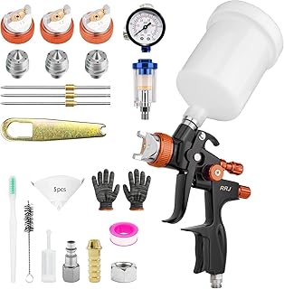 HVLP Lackierpistole Spritzpistole Kit mit 3 Düsen 1,3mm/1.7mm/2.0mm, Profi Farbspritzpistole Schwerkraft Sprühgeräte mit 600 ml Plastikbecher Druckmesser