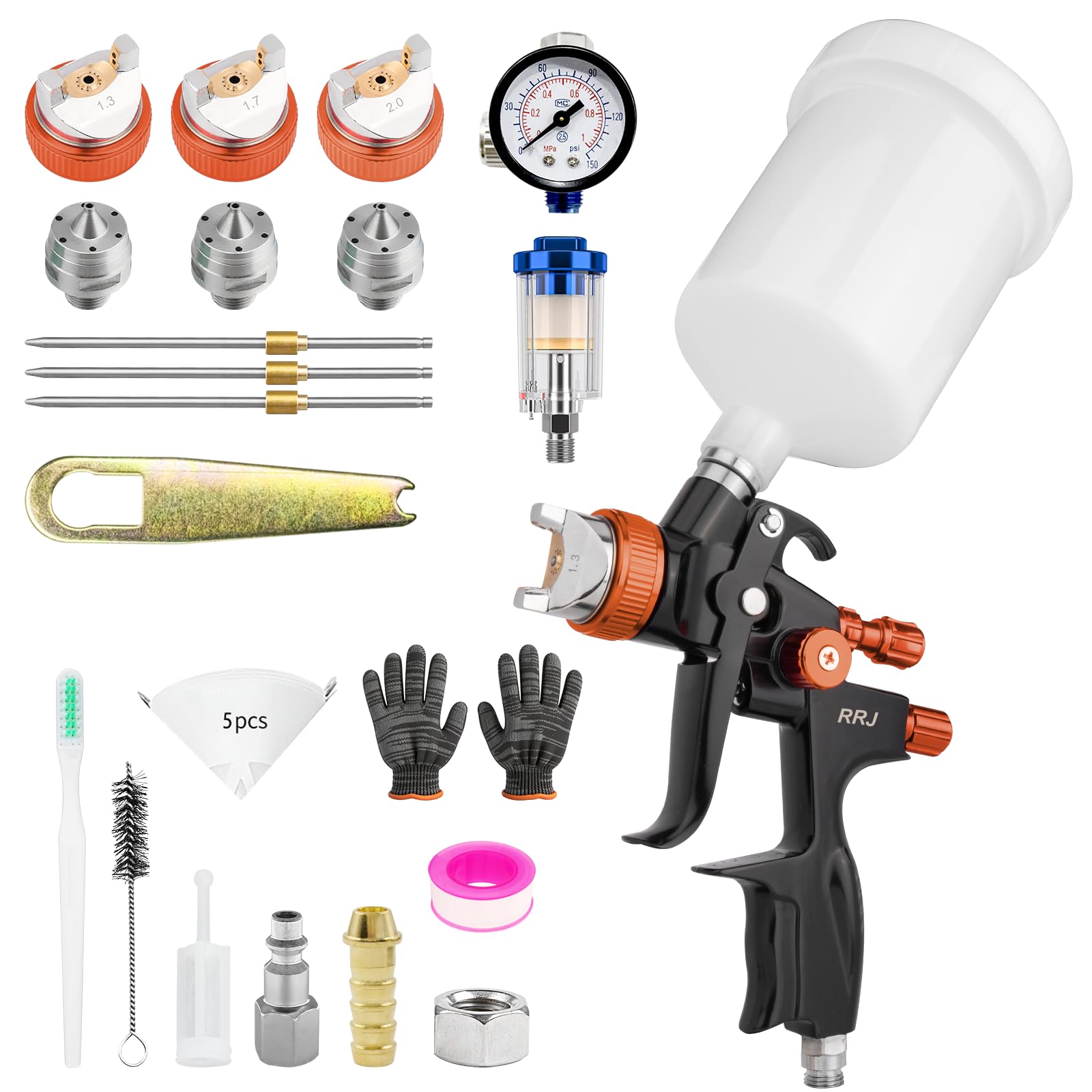 HVLP Pistolet à peinture professionnel avec 3 buses 1,3 mm/1,7 mm/2,0 mm, pistolet à peinture professionnel avec gobelet en plastique de 600 ml