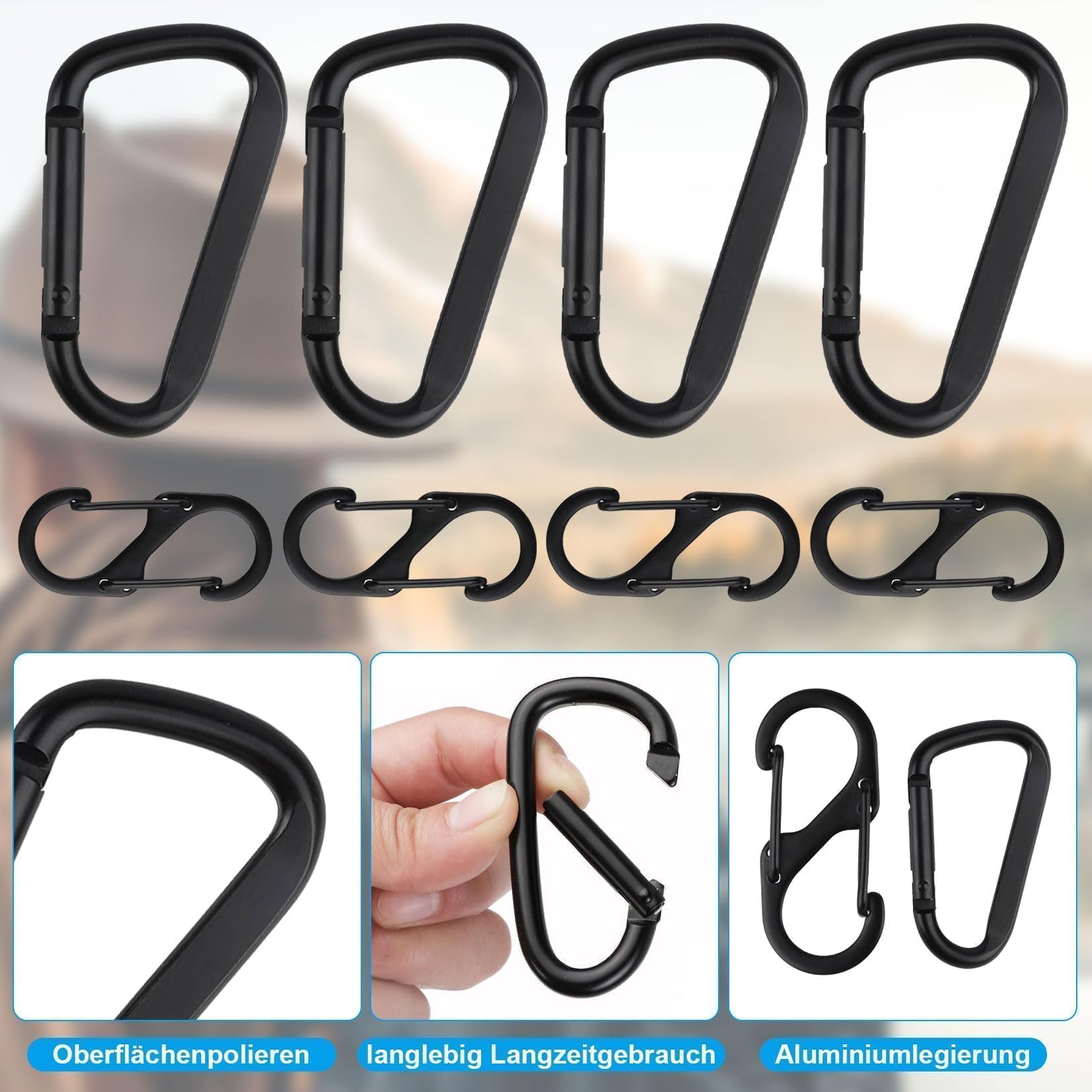 Set di 8 moschettoni a forma di moschettone, con 4 ganci a D, moschettoni e 4 moschettoni in alluminio, doppio moschettone in metallo, colore nero per campeggio, escursionismo zaino