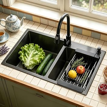 82 x 45 cm Kitchen Sink, 2 Basins, Black Stainless Steel, Double Bowl Kitchen Sink, Nano-Coated 304 Stainless Steel, Includes Draining Basket Siphon and Over, Can be Installed or Undermountable