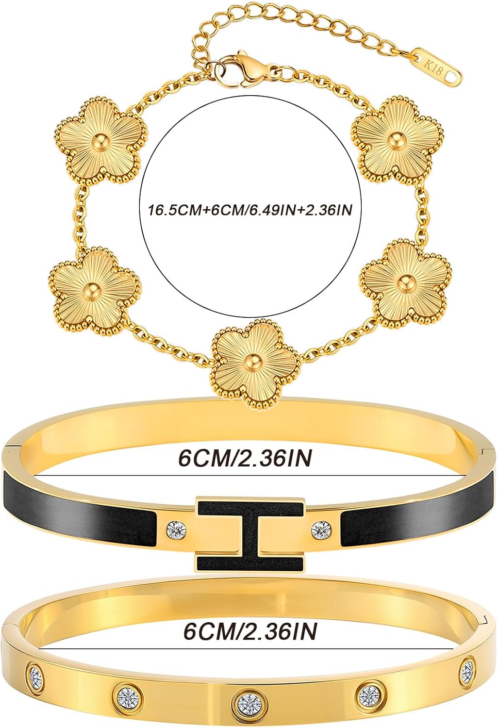 Gold Clover Bracelets for Women - 18K Gold Plated Stainless Steel Dainty H Bangle Bracelets| Daily & Party Wear Jewelry, Easter Christmas Mothers Day Gifts - Image 5