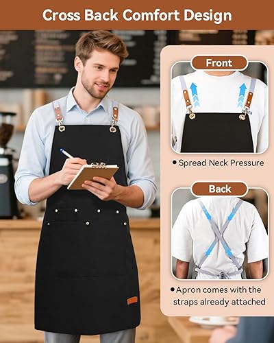 Miniatura 5 de Teskyer Delantal de cocina con bolsillos, resistente al agua y aceite, delantales de lona con espalda cruzada para hombres y mujeres chef servidor