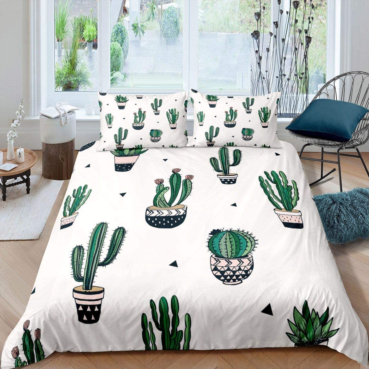 Homewish Cactus Duvet Cover Succulents Thorn Bedding Set Single Size For Teens Adult Geometric Triangle Comforter Cover Nursery Green Plant Pattern Bedspread Cover Room Door