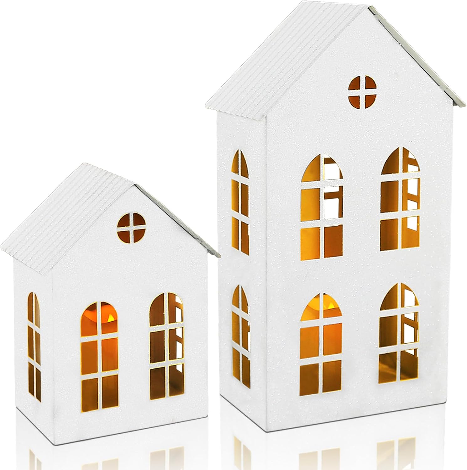 Christmas Lantern Candle Holder Decorations, Set of 2 Metal White Snow House Design with LED for Indoor Outdoor