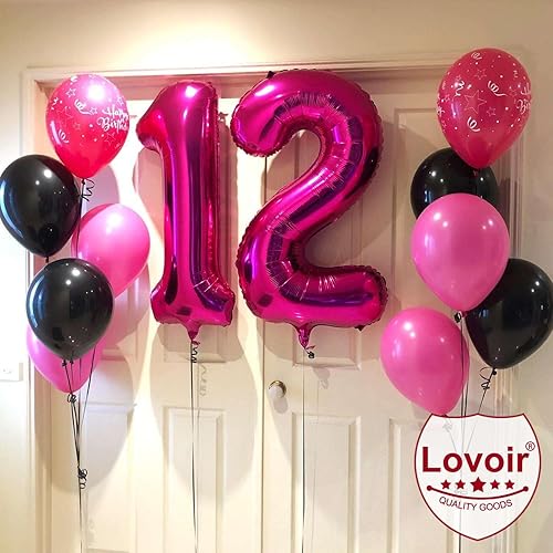 Miniatura 4 de Lovoir Globo de 40 pulgadas, color rosa intenso con el número 12, 21 dígitos gigantes, de papel de aluminio de Mylar para helio de 12 cumpleaños y