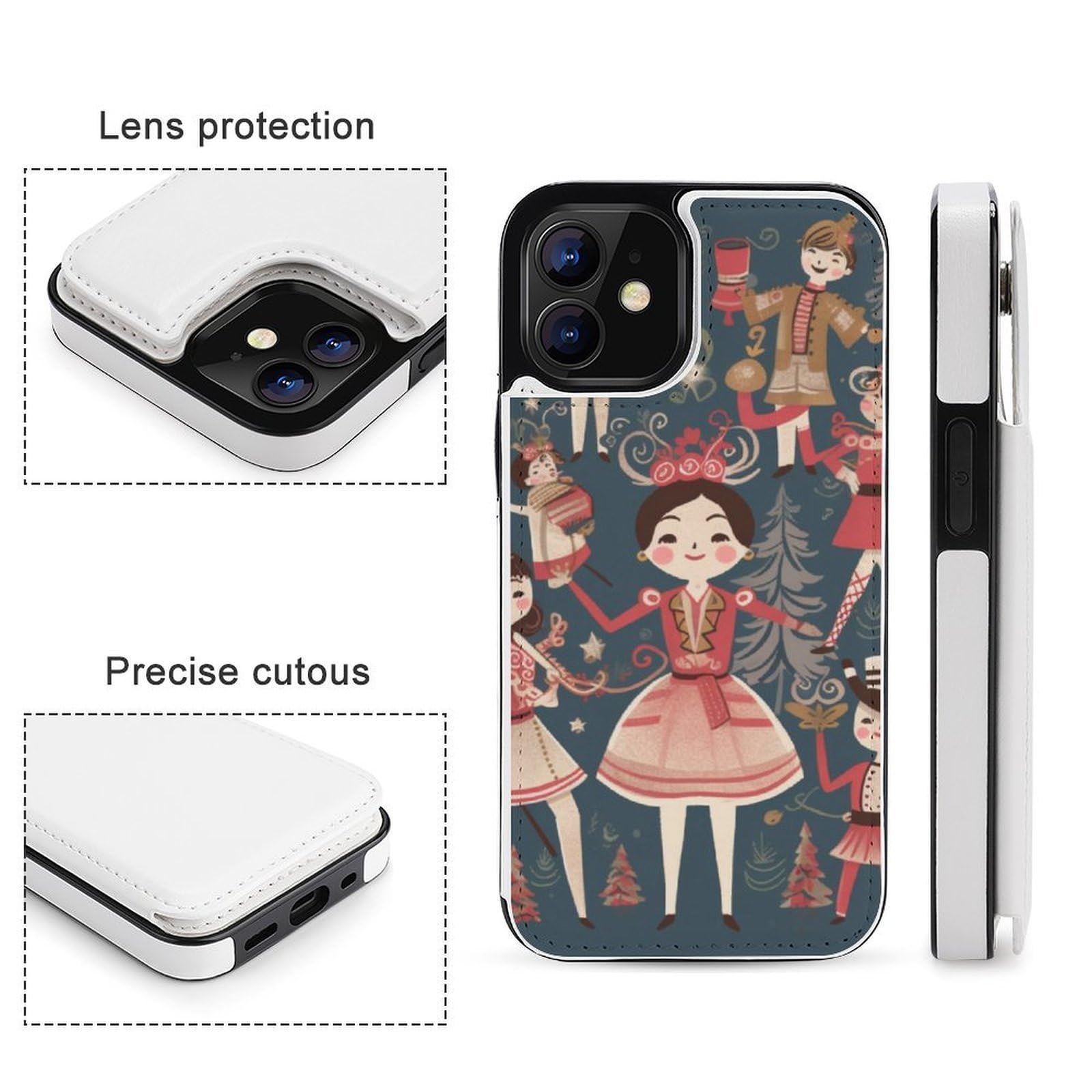 Fundas tipo cartera para iPhone 12, funda de piel con ranuras para tarjetas para mujer, cascanueces, ballet, danza, dibujos animados, estampado de dibujos animados