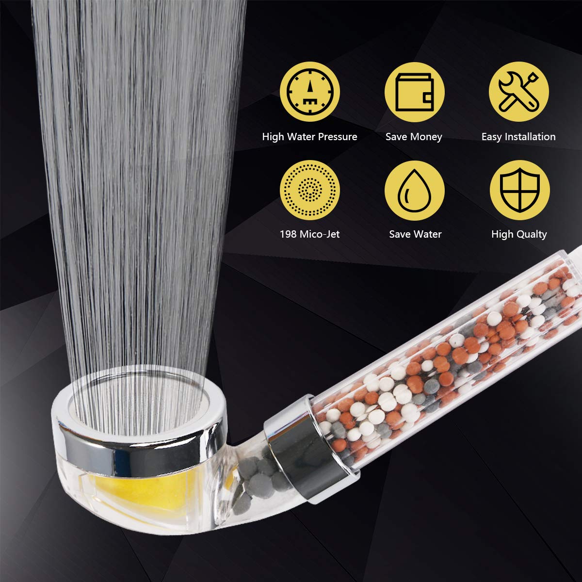 Soffione Doccia Vicloon Con Sfere Minerali - 3 Modalit&agrave;: Pioggia, Getto, Massaggio | Filtra Cloro E Impurit&agrave;