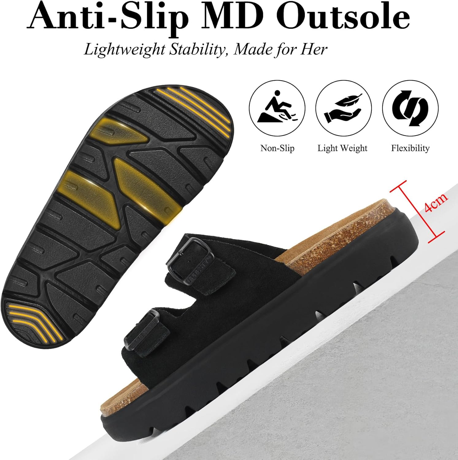 Genuine Suede Platform Sandals for Women 2026 with Arch Support - Comfortable Cork Footbed Sandals with Adjustable Double Buckle Straps, Open Toe Ladies Slides Sandals for Casual