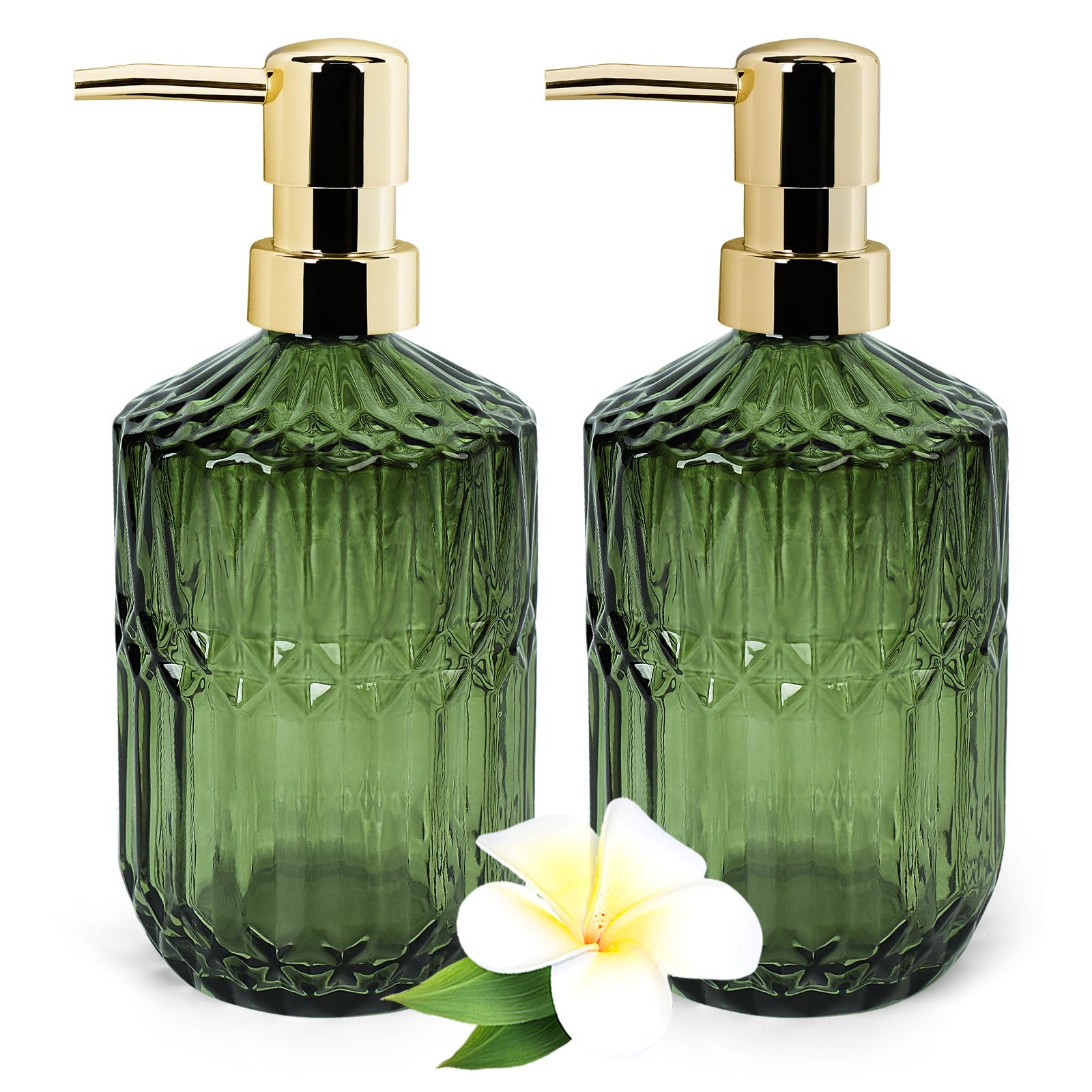 2 dispensadores de jabón de cristal verde, 400 ml/13,5 oz dispensador de jabón lĆquido con cabezal de bomba de plĆ”stico, dispensador de jabón de mano rellenable para cocina, baƱo, dispensador de jabón