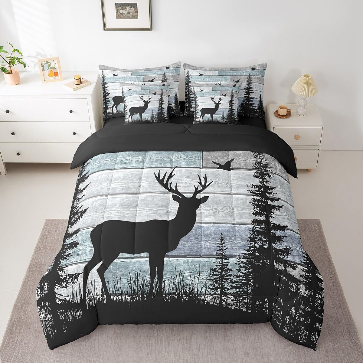Erosebridal Rustic Queen Comforter Set 7 Pieces,Deer Bedding Sets for Boys Girls Teens,Cabin Farmhouse Western Bed in A Bag,Woodland Wildlife Forest Sheet Set with Comforter for Bedroom Decor