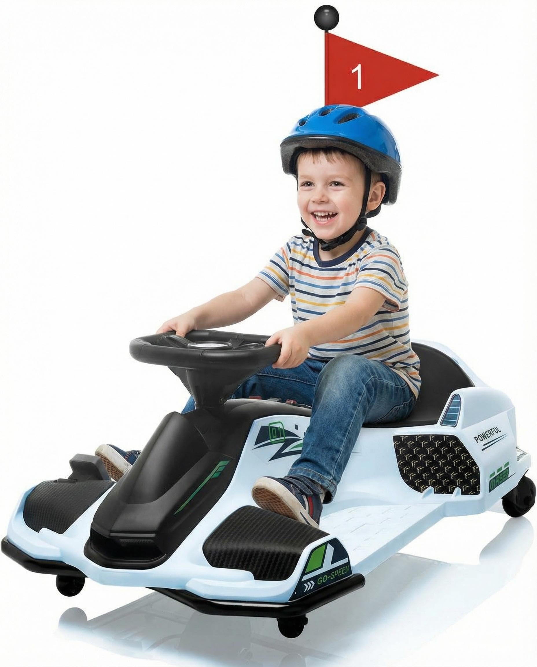 Photo 1 of Garvee 12V Drifting Car for Kids, 45W Brushless Quiet Motor, Fast 5 Mph Electric Ride on Car, Children Outdoor Riding Drifting Circling Go Kart with 5 Wheels, LED Light, Music for Teens, White