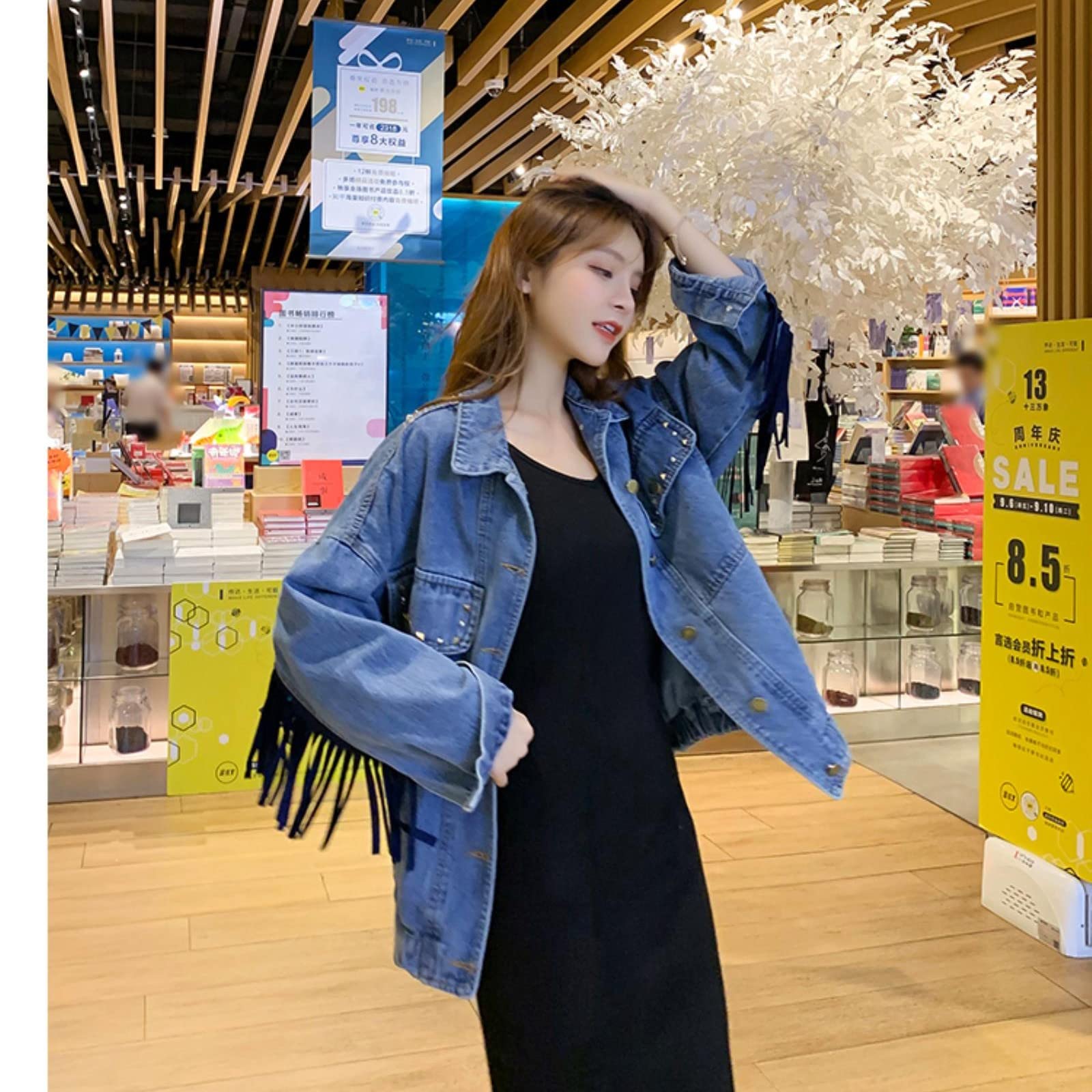 New Punk Tassel Bordado Denim Chaqueta Mujeres Blue Flow Remache Pocket Extremo Spring Spring Jean Chaqueta-Blue,M