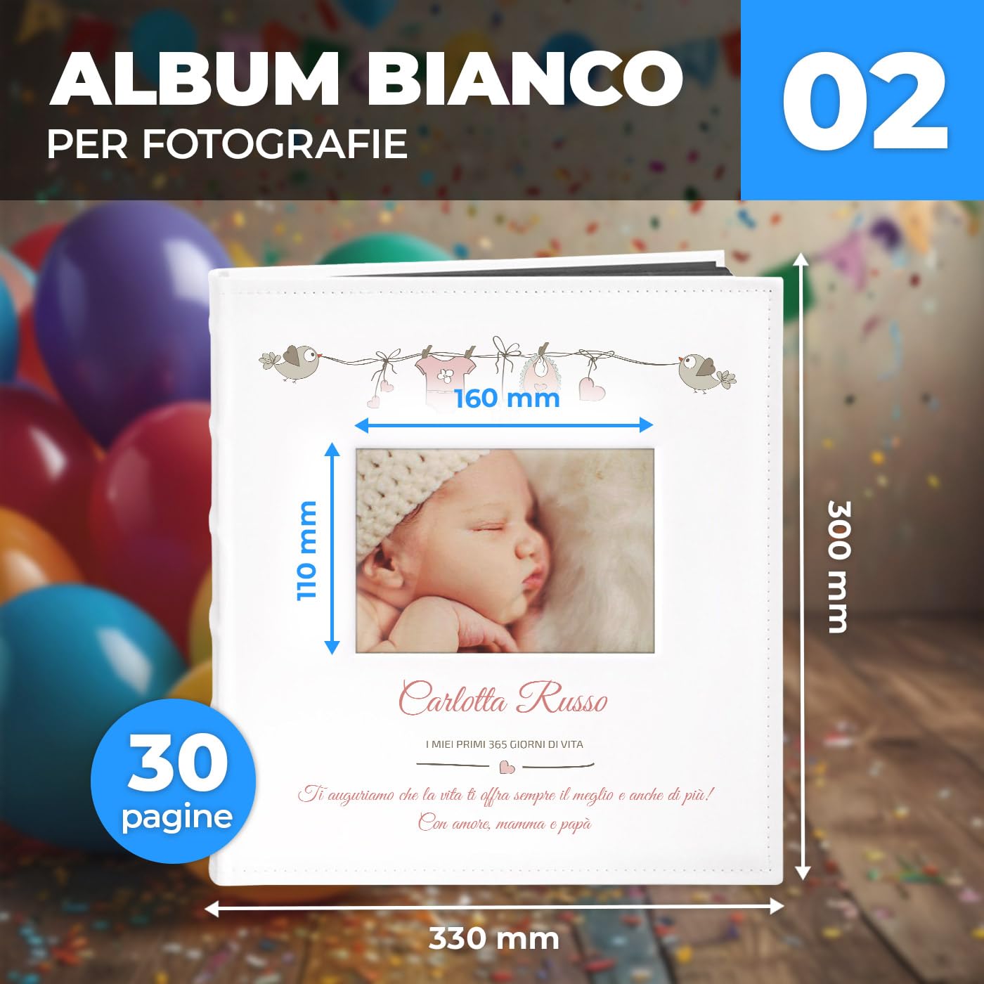 Maverton Album Fotografico Personalizzato | Copertina in Pelle Sintetica con Finestra per Foto, 60 pagine, 240 foto 10x15cm, idee regalo neonato, compleanno, 365 giorni