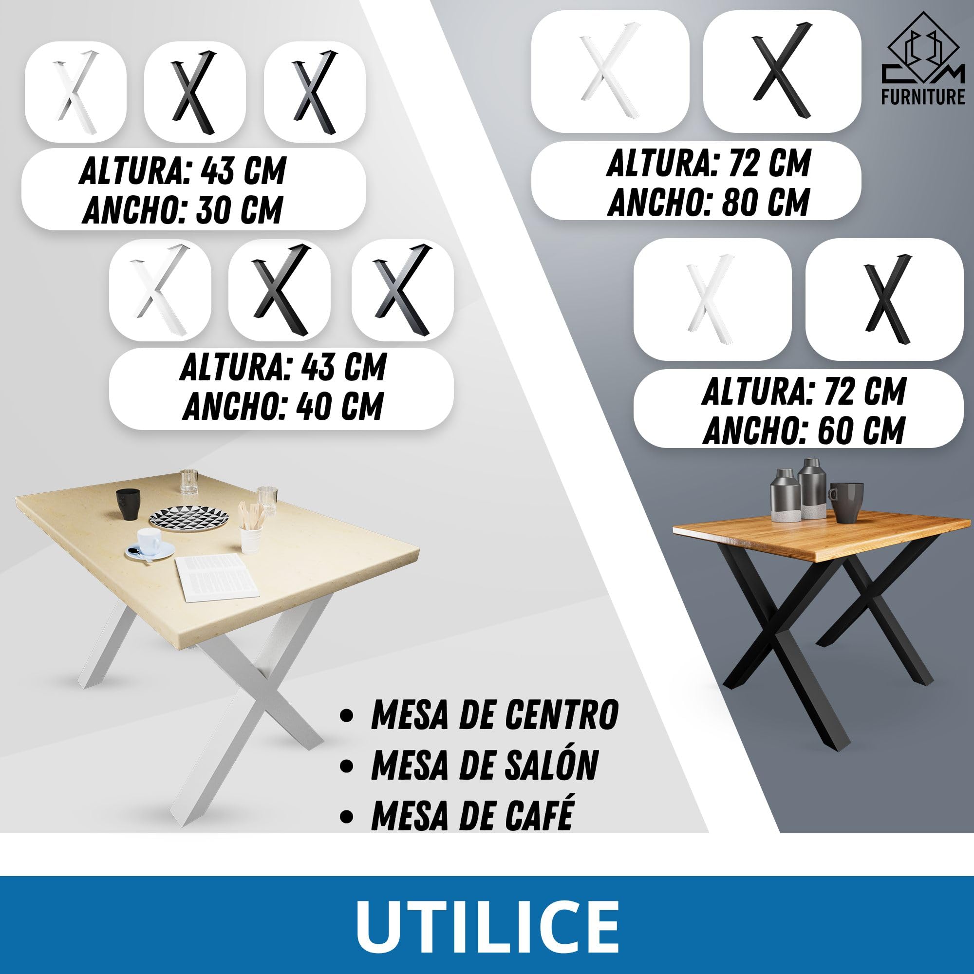 Estructura de la Mesa Acero Forma de X Blanco Altura 72 cm Anchura 60 cm Patas de la Mesa Metal Regulables en Altura Pies de Banco Esquineros Correderas Fácil Montaje 2 Piezas