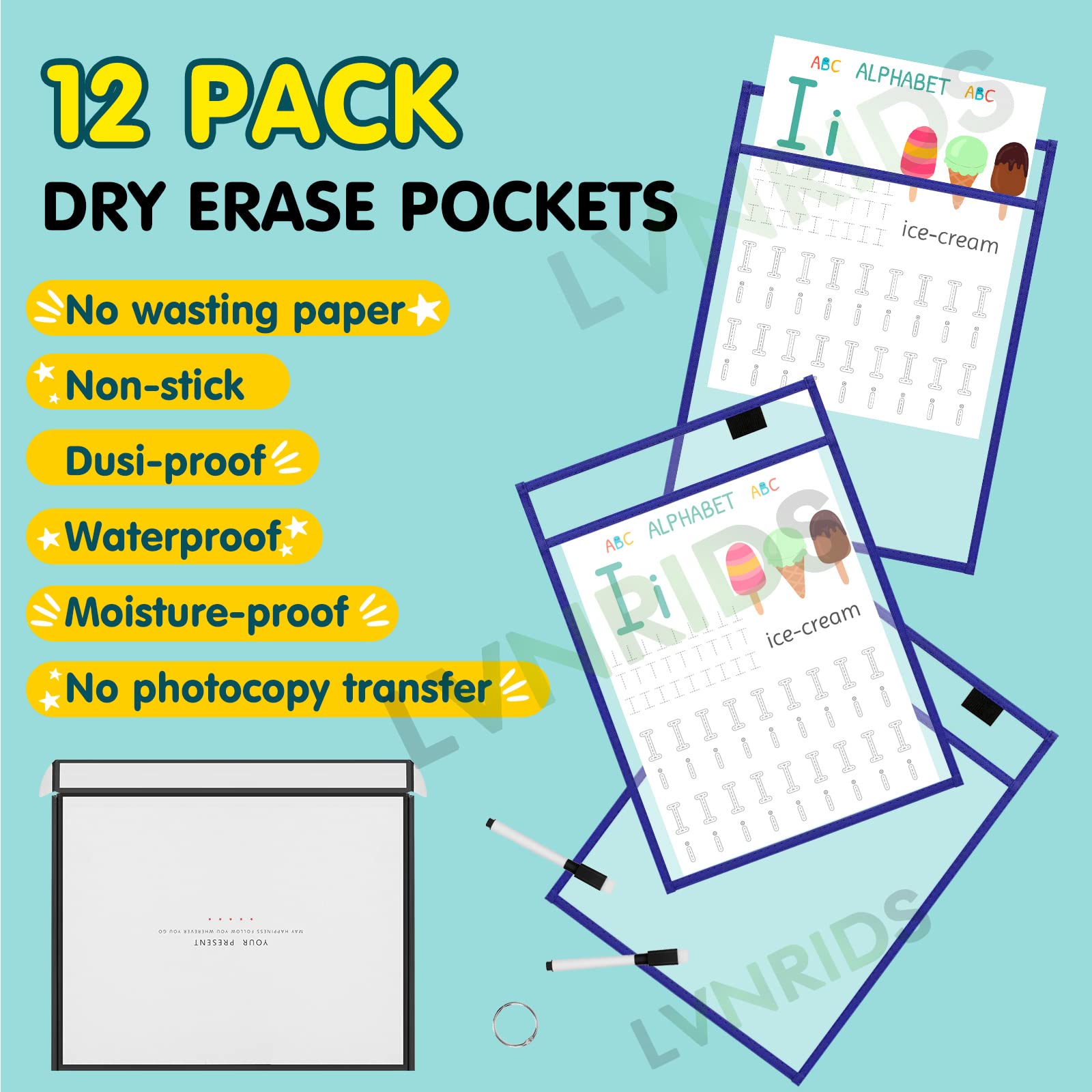 LVNRIDS 12 Pack Dry Erase Pockets Teacher Supplies - Image 2