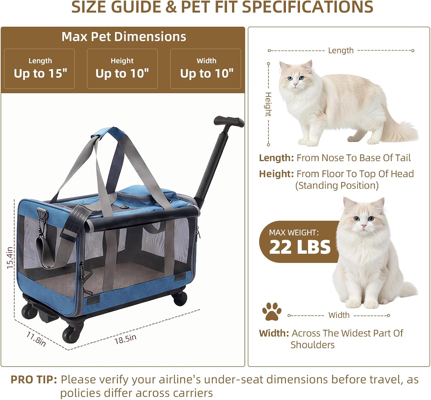 Rolling Cat Carrier with Detachable Wheels, Soft Sided, Blue | Retractable Handle, Portable Pet Travel Bag, 17.7×11.8×11.8" for Large Cats up to 22 lbs & Small Dogs, Foldable for Car