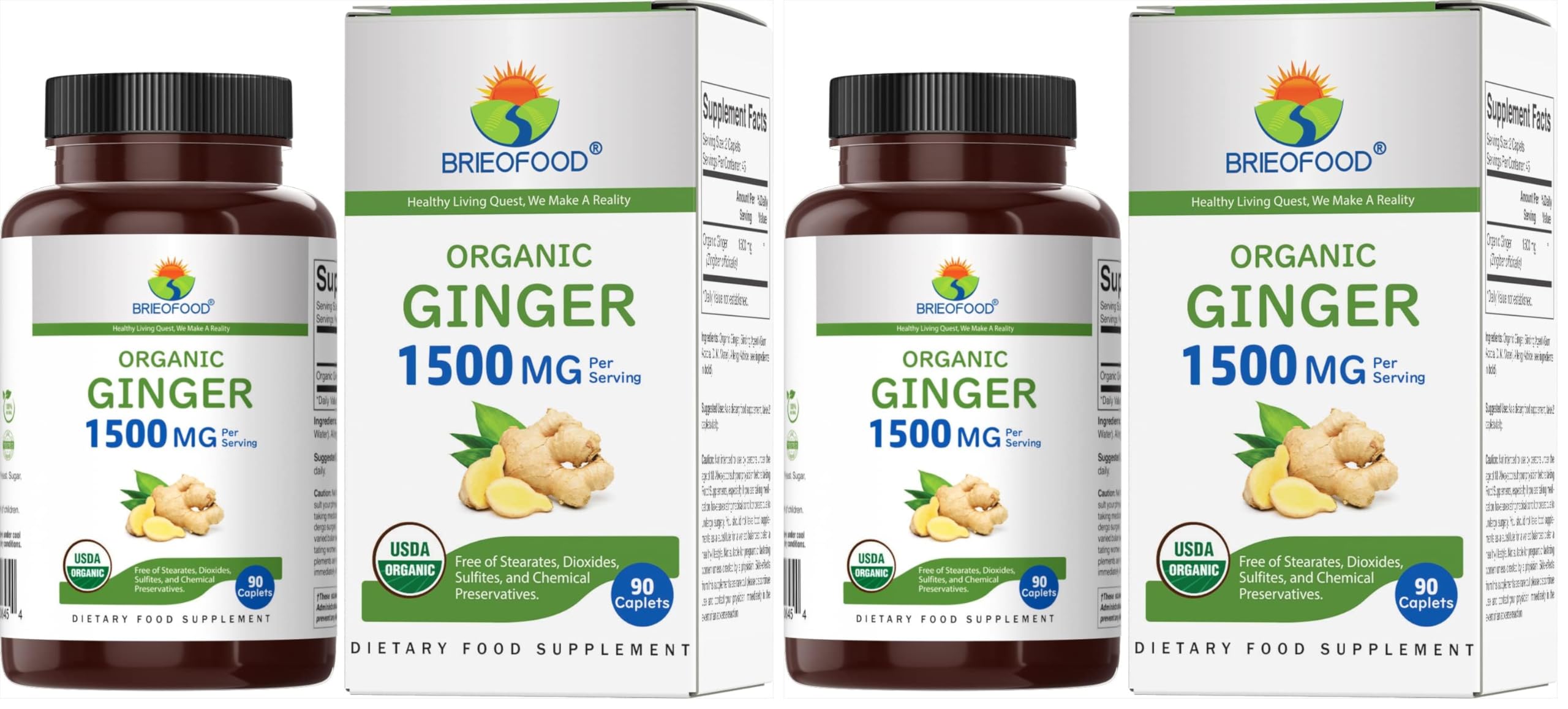 Brieofood Organic Ginger 1500mg, 45 Servings, Vegetarian, Gluten Free, 90 Vegetarian Tablets (Pack of 2) 90 Count (Pack of 2)