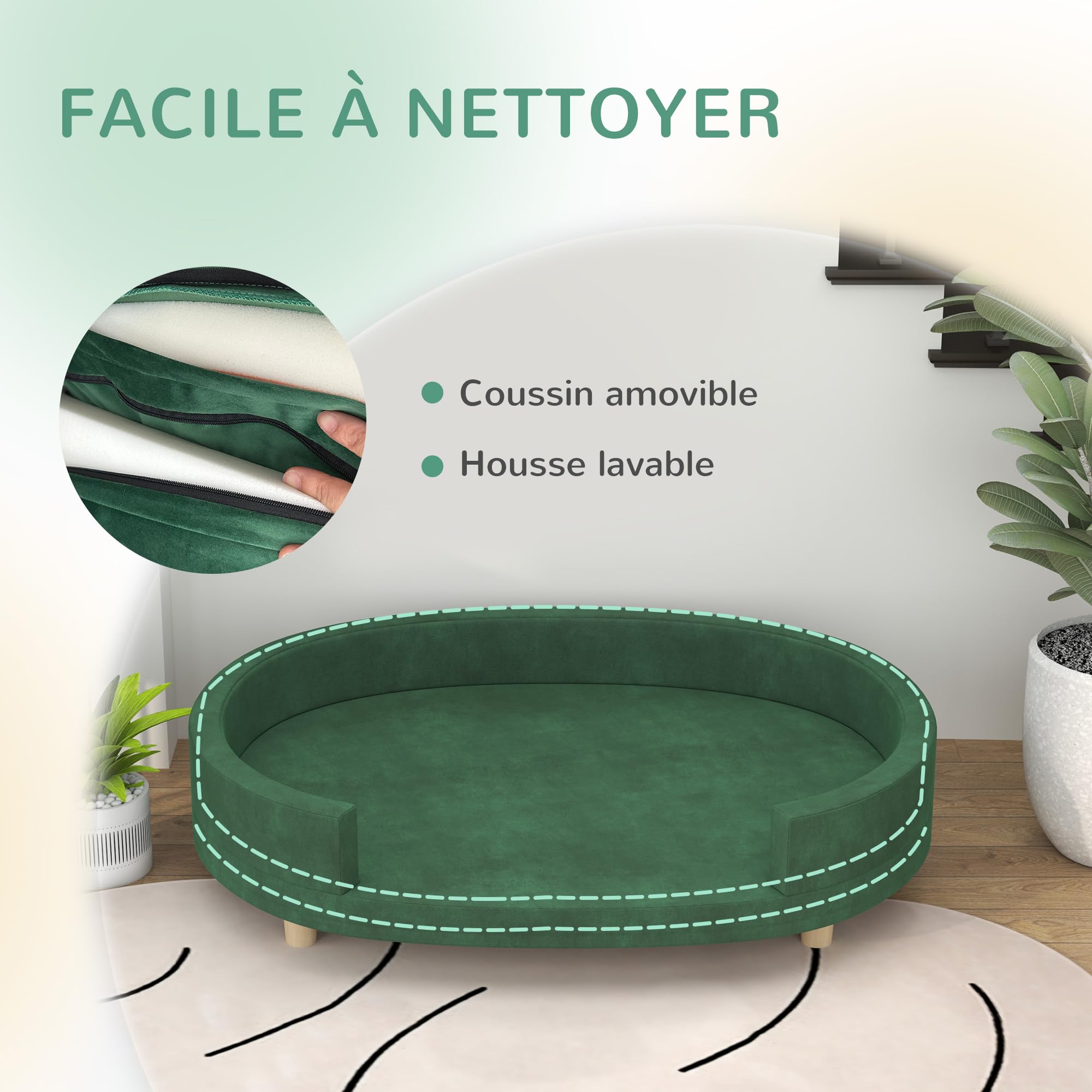 PawHut Canapé pour Chien, Sofa pour Chat, Fauteuil pour Chat, Surface en Velours Doux, avec Coussin Amovible, Pieds en Bois Massif, 100l x 70P x 25H cm, Vert