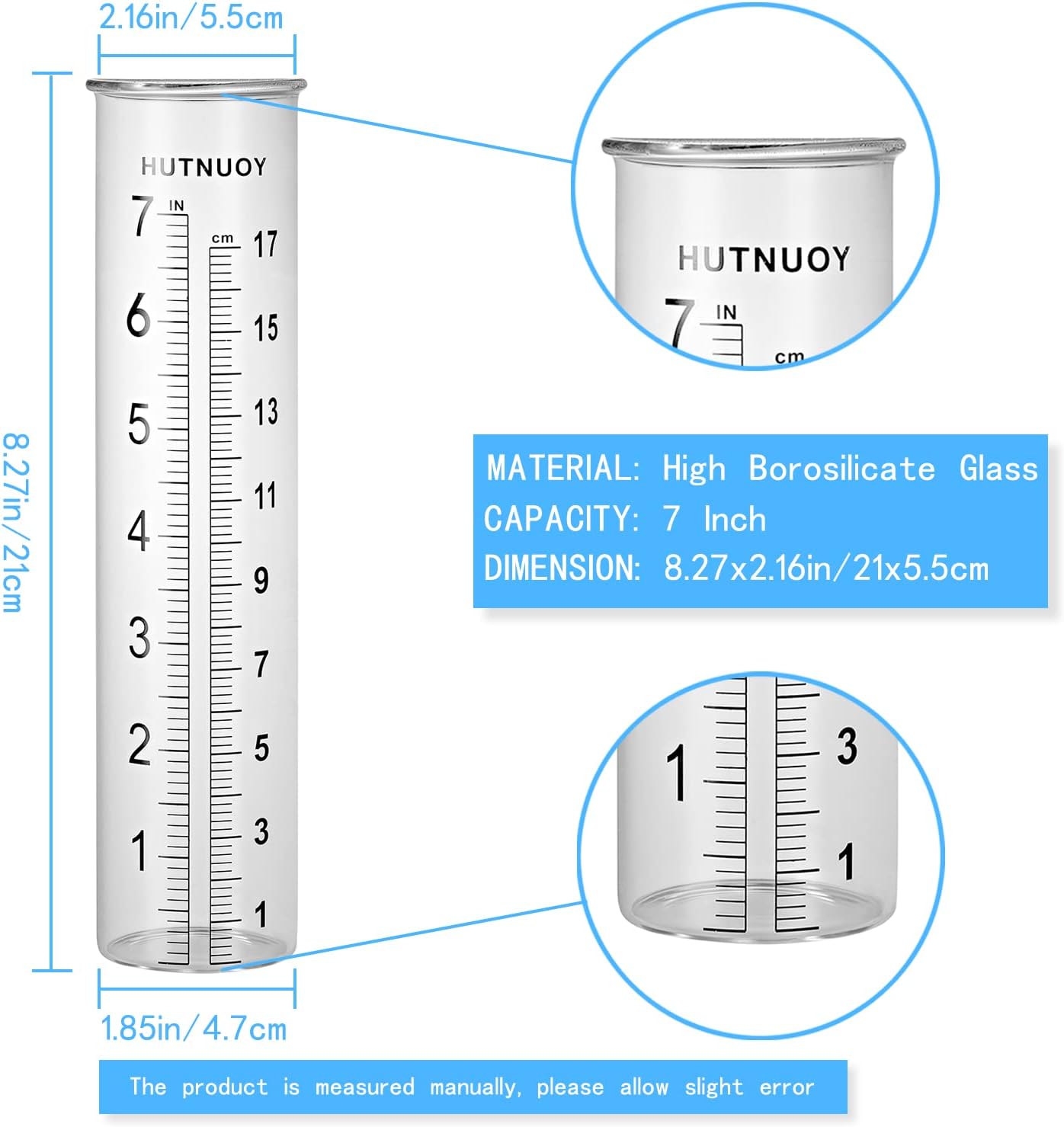 7" Capacity Rain Gauge Replacement Tube Glass for Outdoor Garden Yard Home, Lip Design, Best Rated, Easy to Read (1 Pcs)