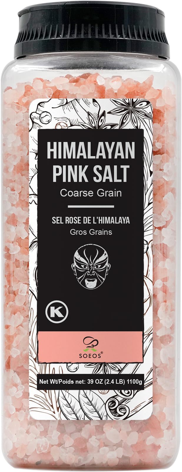 Soeos Himalayan Salt, Coarse Grain, 39Oz (2.4 Pound), Non-GMO Himalayan Pink Salt, Kosher Salt, Sea Salt for Grinder Refill