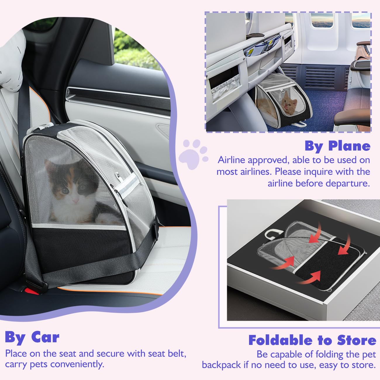 Pawaboo Zaino per Gatti Cani, per Animali Piccoli, da Viaggio Fino a 10 kg, Contenitore da Trasporto Traspirante con Supporto, Borsa per Passeggiata Escursione, Nero
