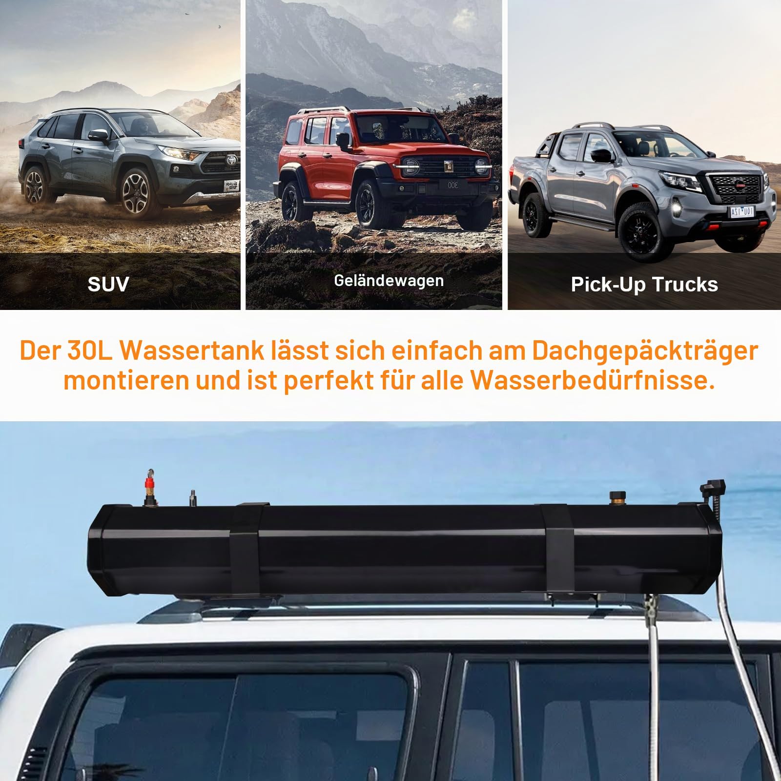Dachgepäckträger-Wassertank Wasserspeicher für Fahrzeuge 30 L Außen-Dusche mit Druckpumpe, Duschkopf und Schlauch für Kofferräume Überrollbügel Querträger- Wohnmobil Camper Caravan Offroad, Pickup SUV