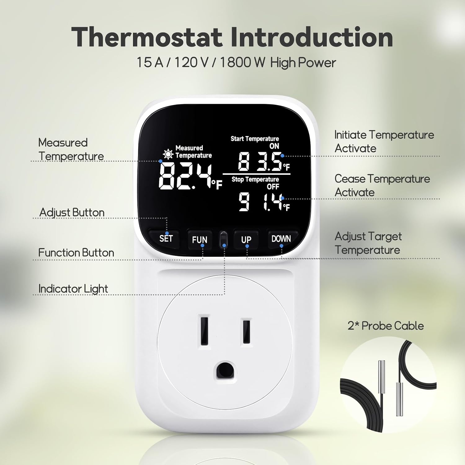 1800W Digital Thermostat for Reptile Tank, -40℉~210℉, Plug in Thermostat for Heater/Greenhouse with 5m/2m Cable, 15A Temperature Controlled Outlet with VA Display, Temp ±0.1°F, White