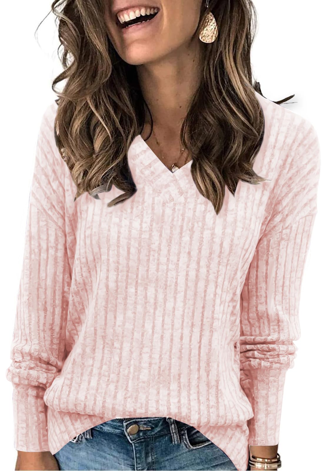 Famulily Pullover für Damen V-Ausschnitt Langarmshirt Leichter Strickpullover Oberteil mit Seitliche Schlitze