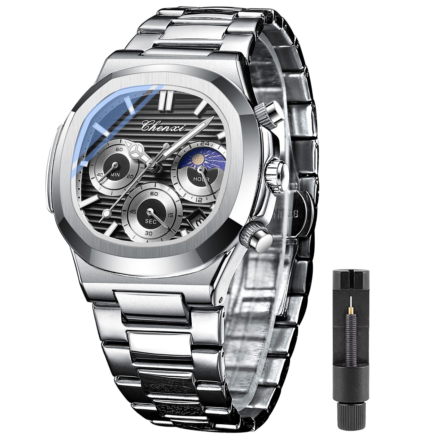 Tiong Fashion Sliver Black Chronograph Date Watch for Men Quartz Wristwatches Stainless Steel with Luminous Business Watches-Sliver Black