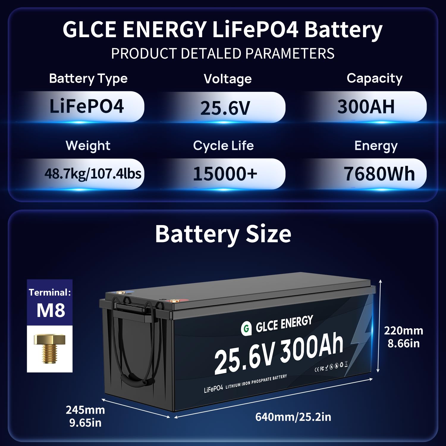 24V(25.6V) 300Ah LiFePO4-Lithiumbatterie, eingebautes intelligentes 200A BMS, 4000–15000 Zyklen, 7680Wh Lithiumbatterie