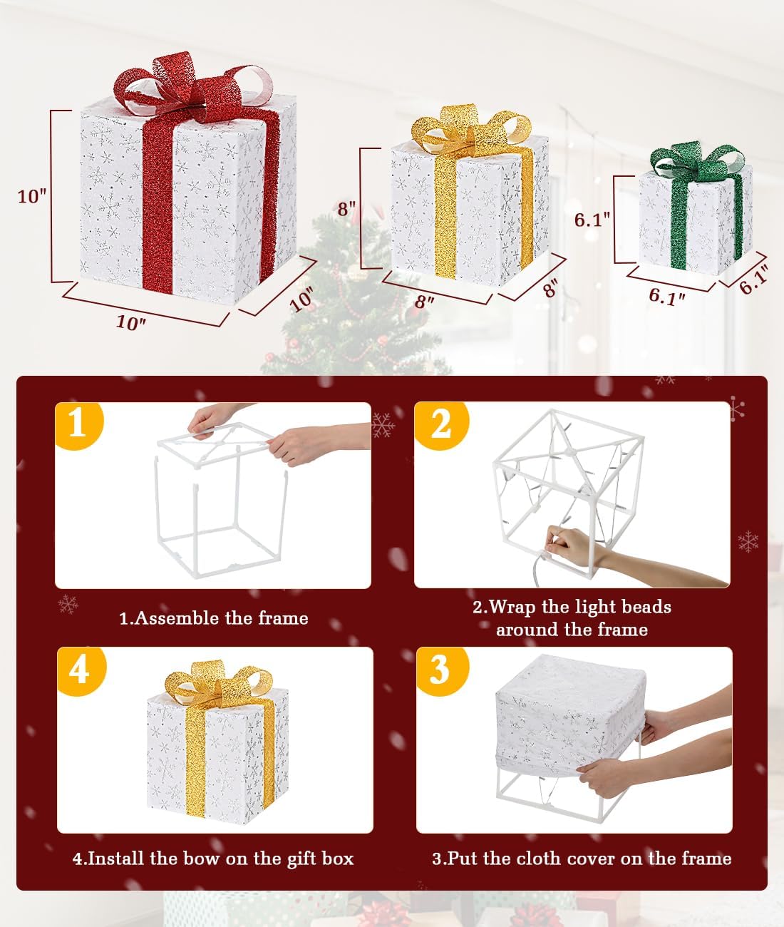 クリスマスライト付きギフトボックス、リモコン付き屋外屋内クリスマスデコレーション3点、USBプラグインプレゼントデコレーション、ホー