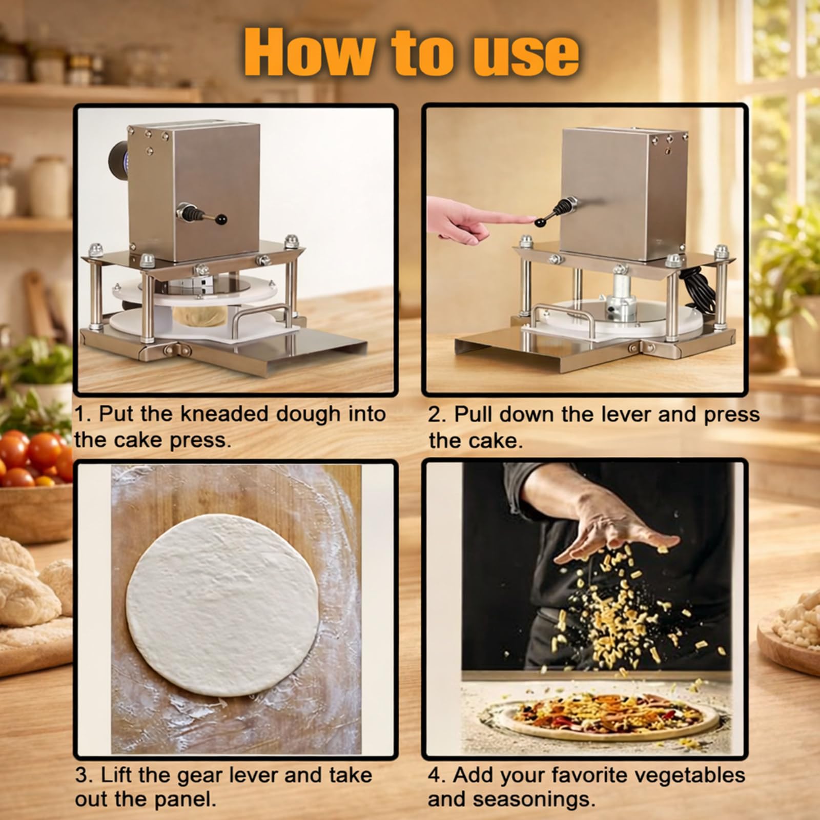 Pressa Impasto Elettrica 8.6 Pollici, Macchina Pizza in Acciaio Inox con Spessore Regolabile, Pressione Uniforme per Pizzeria e Cucina Professionale