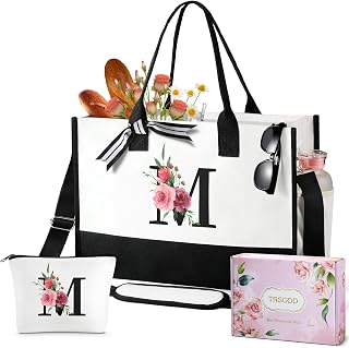 Floral Ini-tial Beach Bag w Makeup Bag, Mono-gram Can-vas Tote Bag for Women w Inner Pocket, Side Pocket, Shoulder Strap, Gift Box, Card, Personalized Gifts Women Birthday Friends Grandma Bridesmaid M